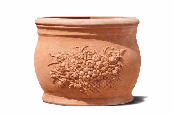 Vaso Angoliera – reich verzierter Eck-Wandtopf aus Impruneta-Terracotta